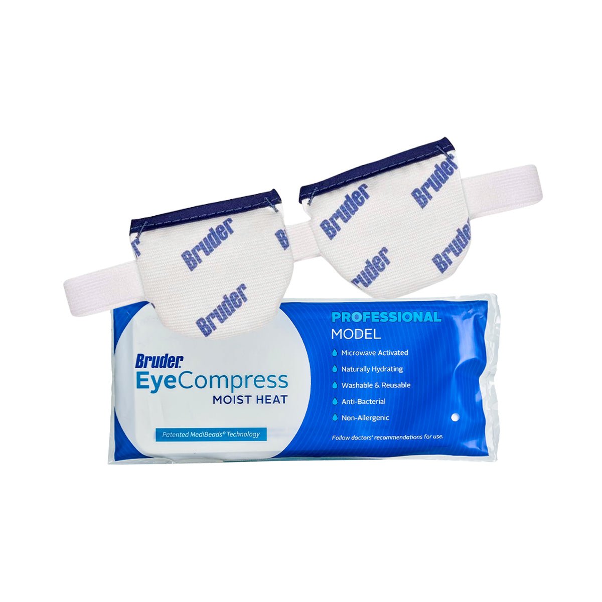 The Dryeye Rescues Most Popular Dry Eye Starter Kit includes white fabric pads with the brand logo, connected by an elastic band for dry eye relief. It comes in blue and white packaging labeled Bruder EyeCompress Moist Heat Professional Model.