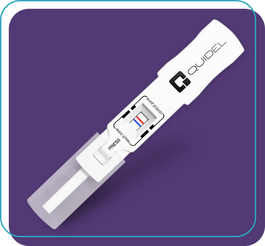 A white medical test device with a plastic casing, featuring a label that says Quidel. It has a control line and a test line, with instructions to press. The background is purple.