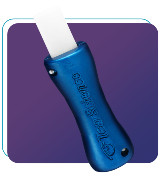 A blue-handled tool with a rectangular white tip, featuring the words TearScience embossed on the handle. The tool is positioned diagonally against a gradient purple background.