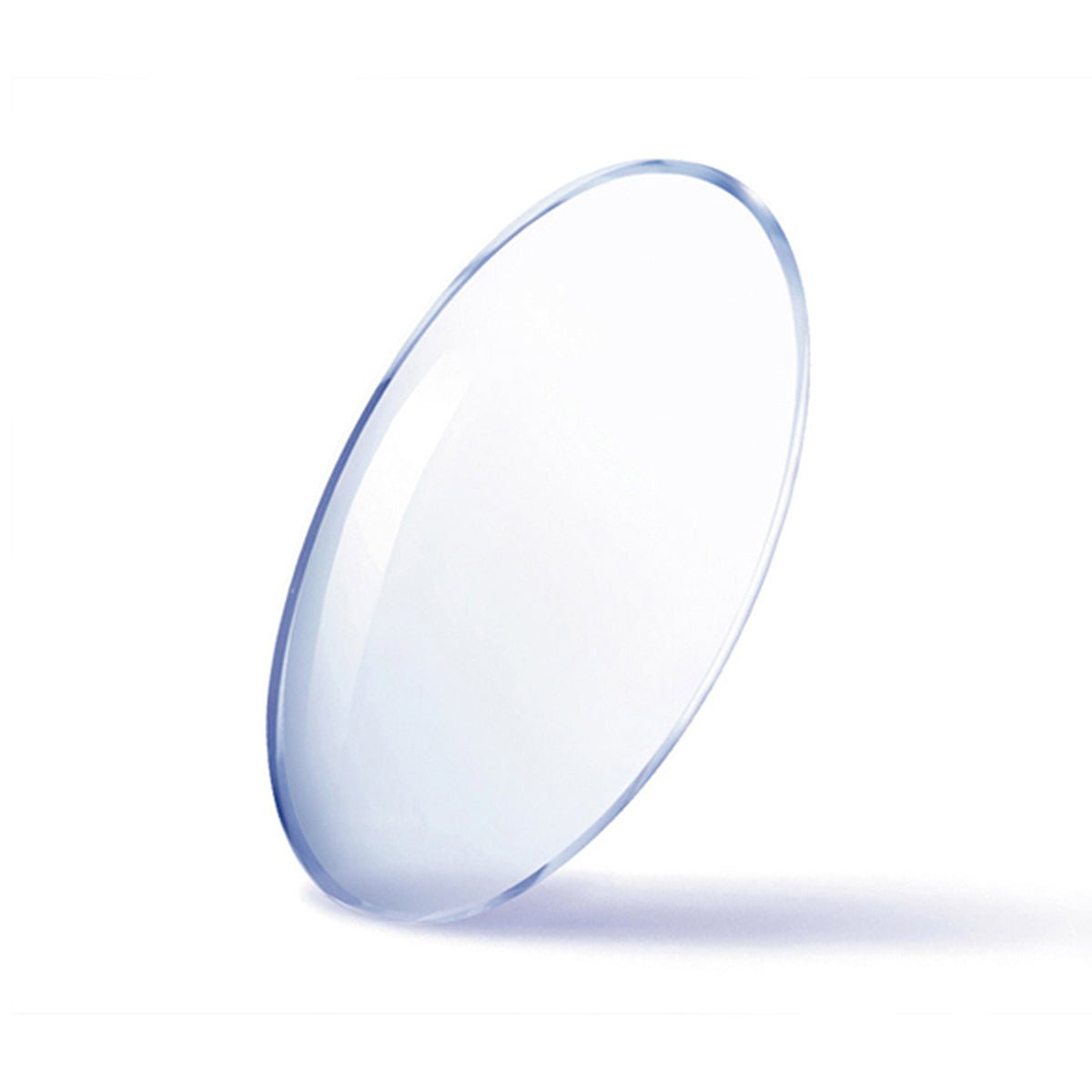 An upright transparent contact lens with CRIZAL® PREVENCIA™ by Essilor casts a soft shadow on a white surface, its smooth, curved edges highlighted. Designed as a premium lens coating enhancement, it helps combat UV and Blue-Violet light to reduce eye fatigue and dry eyes.