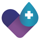 A purple heart partially overlapped by a blue teardrop shape containing a white medical cross.