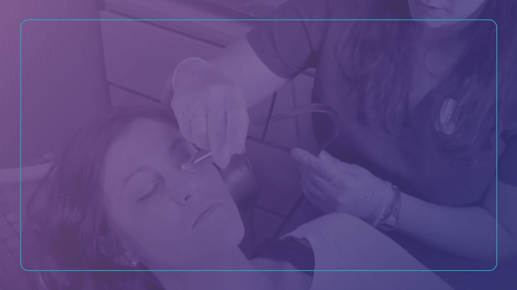 Dentist or dental hygienist wearing gloves prepares to clean a womans teeth. The woman with closed eyes lies back on the dental chair. The image has a blue-purple overlay.