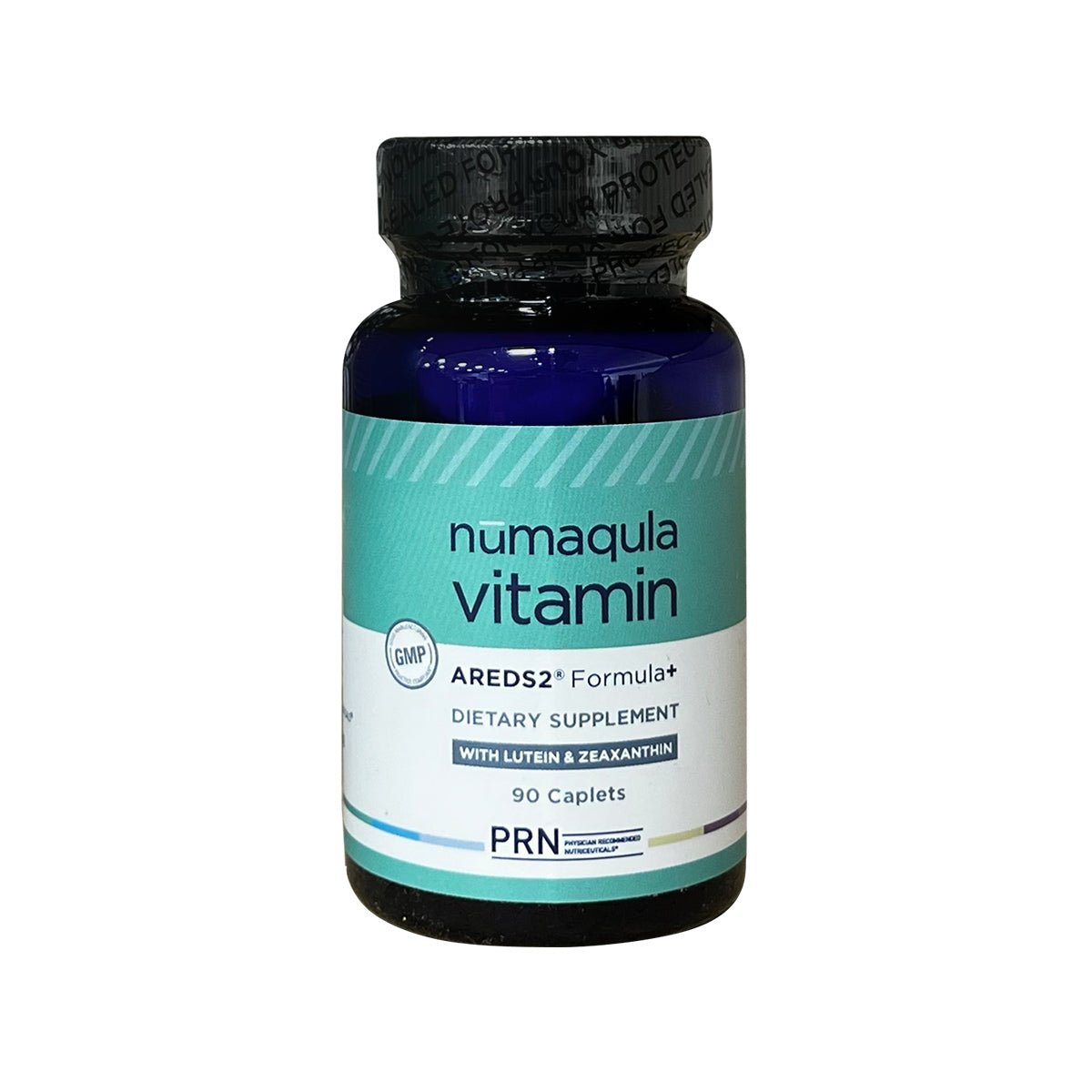 The PRN nūmaqula Vitamin, AREDS2 Based Formula with Unique Enhancements, is an essential eye care supplement featuring lutein and zeaxanthin. The black safety-sealed cap and teal and white label on the 90-count bottle ensure advanced macular support.