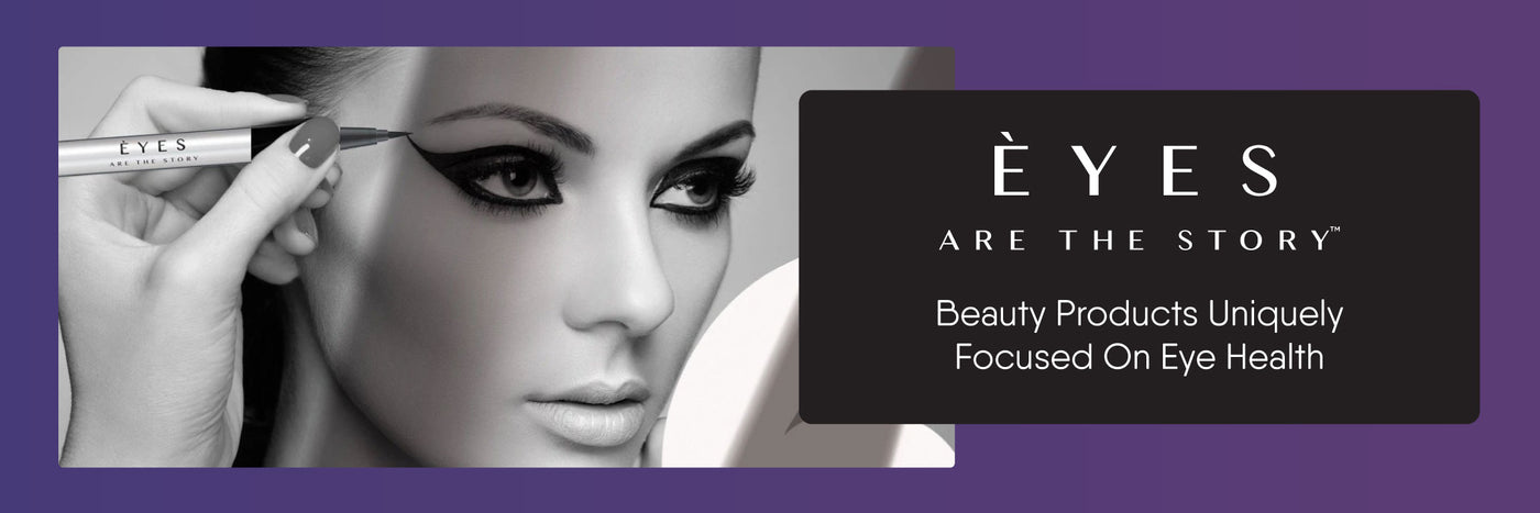 Black and white close-up of a woman applying eyeliner, with text next to her reading EYES Are the Story: Beauty Products Uniquely Focused On Eye Health on a purple gradient background.