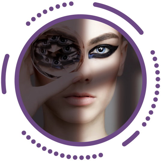 A person with dramatic eye makeup holds a multi-reflective lens over one eye, creating a kaleidoscope effect with their eye. The image is framed by a circular purple design with dotted lines.