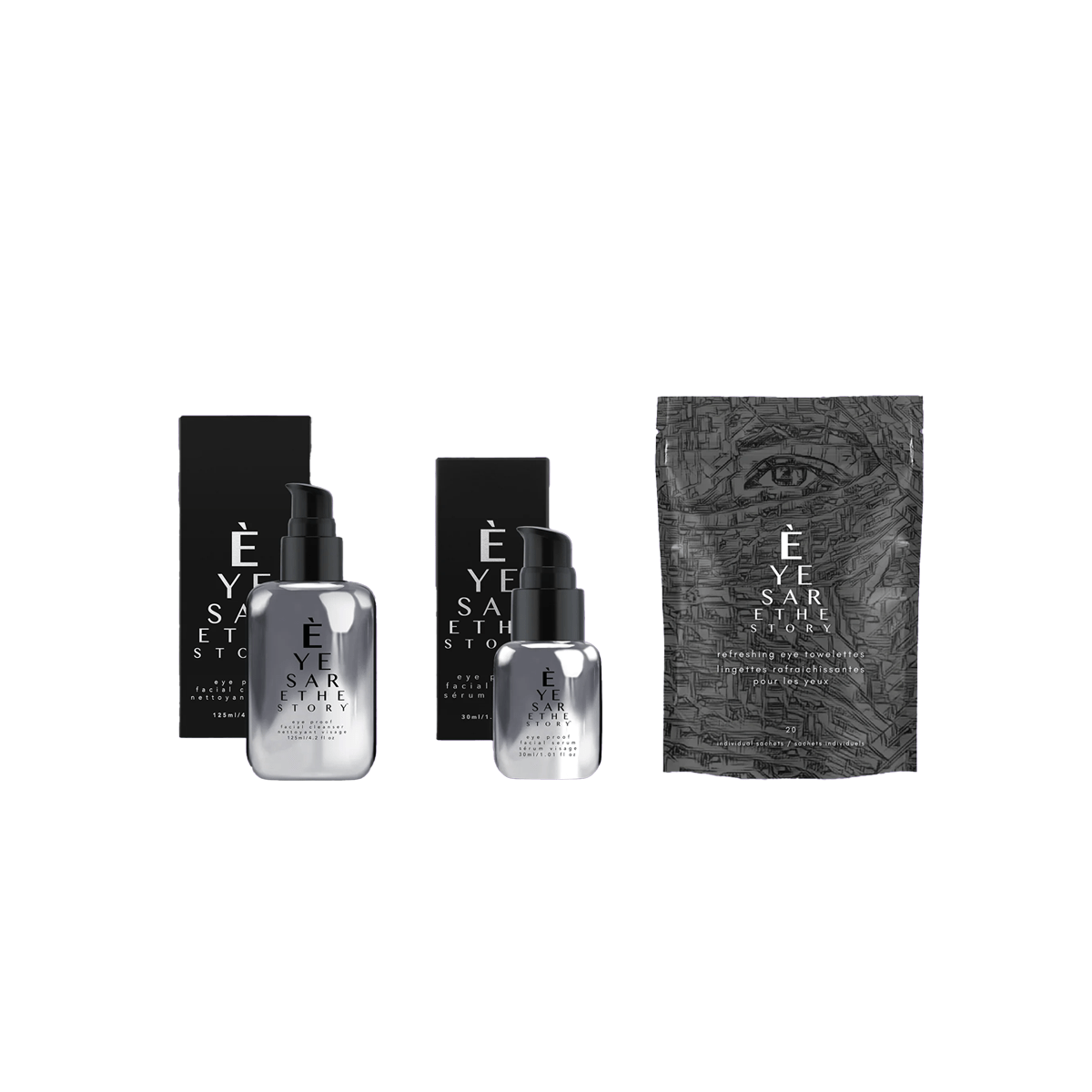 Two black boxes with silver pump bottles labeled Eyes are the Story suggest luxury skincare, featuring the Eye Proof Facial Serum from the Trinacria Collection. A textured gray packet with an eye design hints at elegance and precision.