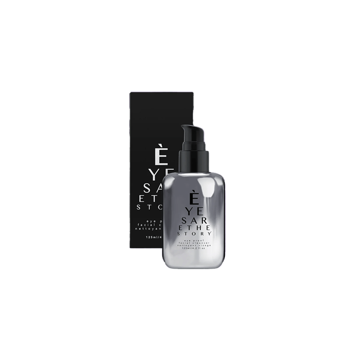 A sleek black and silver bottle with a pump dispenser, labeled Eyes are the Story, stands elegantly beside a matching rectangular box. This luxurious packaging complements the Trinacria Collections Eye Proof Facial Cleanser, Serum, and Wipes perfectly.