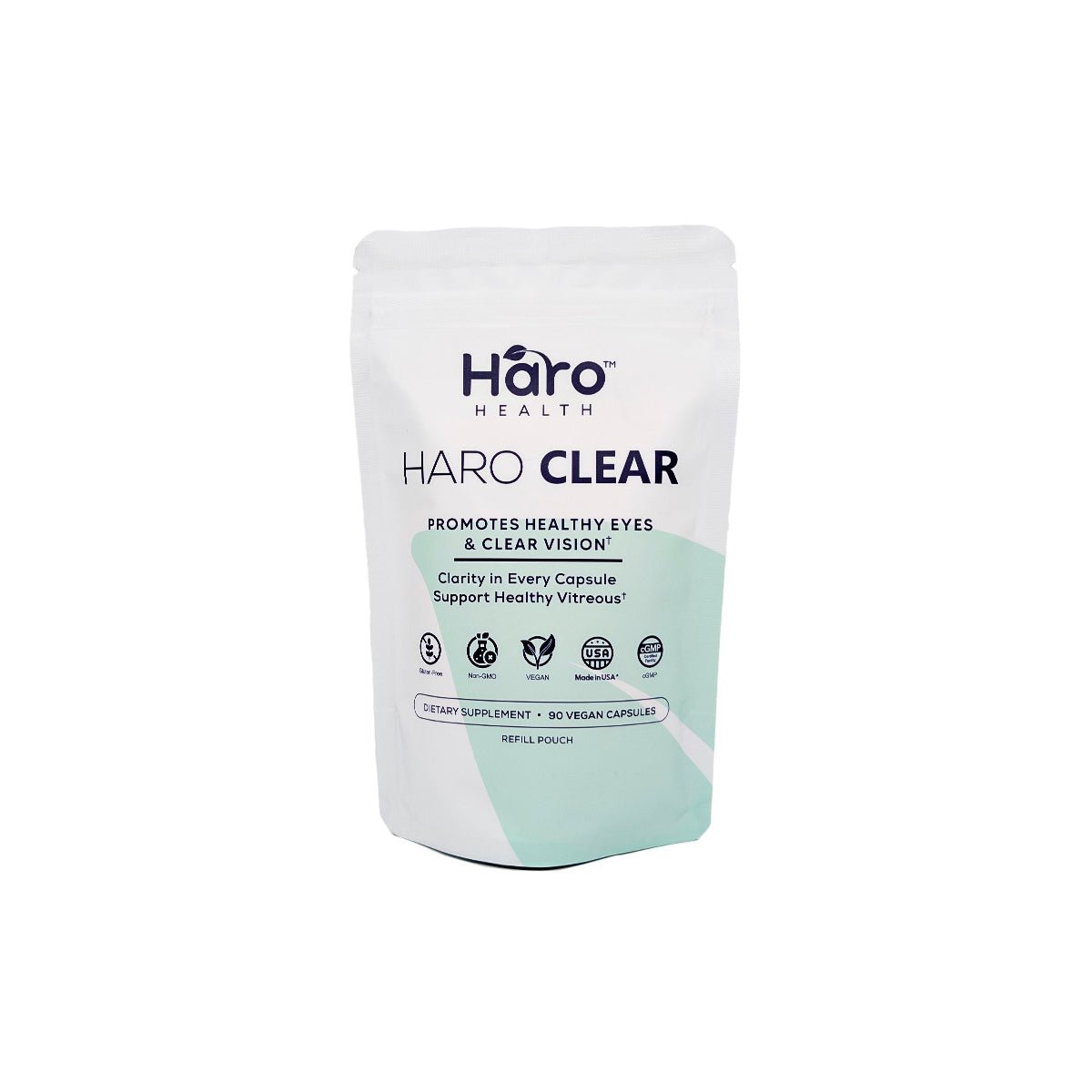 Haro Clear stand-up refill pouch, white with a mint green base, front
