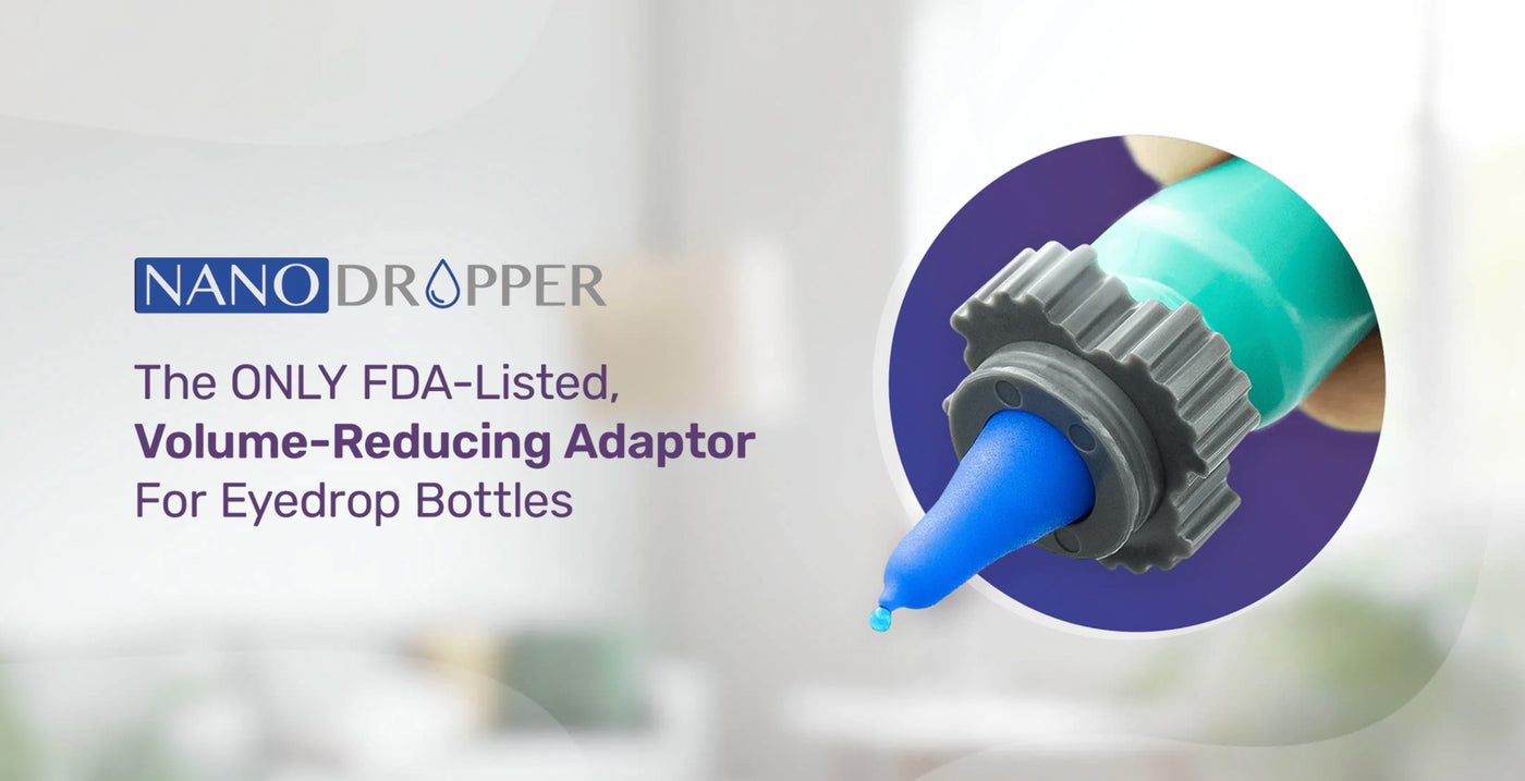 Close-up of a bottle with a Nanodropper adaptor fitted, dispensing a blue liquid droplet. Text reads: The ONLY FDA-Listed, Volume-Reducing Adaptor For Eyedrop Bottles. The Nanodropper logo is also displayed.