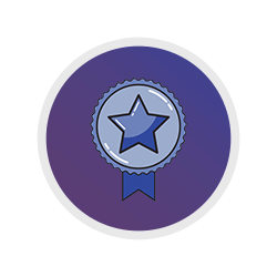 A blue circular badge with a star in the center and a ribbon at the bottom. The badge is set against a purple background within a lighter circle border.