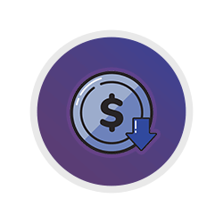 A coin with a dollar sign in the center is depicted on a purple circular background. There is a blue downward arrow adjacent to the coin, indicating a decrease or reduction in value.
