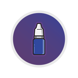Icon of a blue dropper bottle with a white cap, set against a circular purple background.