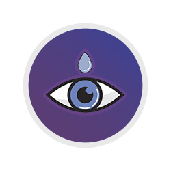 A circular icon with a gradient purple background features a stylized eye in the center. Above the eye is a single water droplet, creating a symbolic representation.