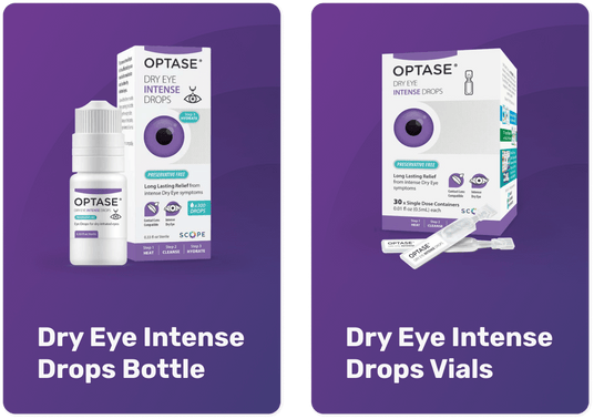 Two images of Optase Dry Eye Intense Drops products on a purple background. The left shows a bottle with packaging; the right displays a box of 30 single-dose containers with two containers shown. Both are labeled Preservative Free.