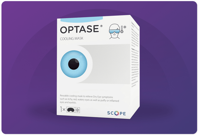 Image of an Optase Cooling Mask box on a purple background. The box features a large graphic of a blue eye and a diagram of a mask. Small text describes the product as a reusable cooling mask for relieving dry eye symptoms.
