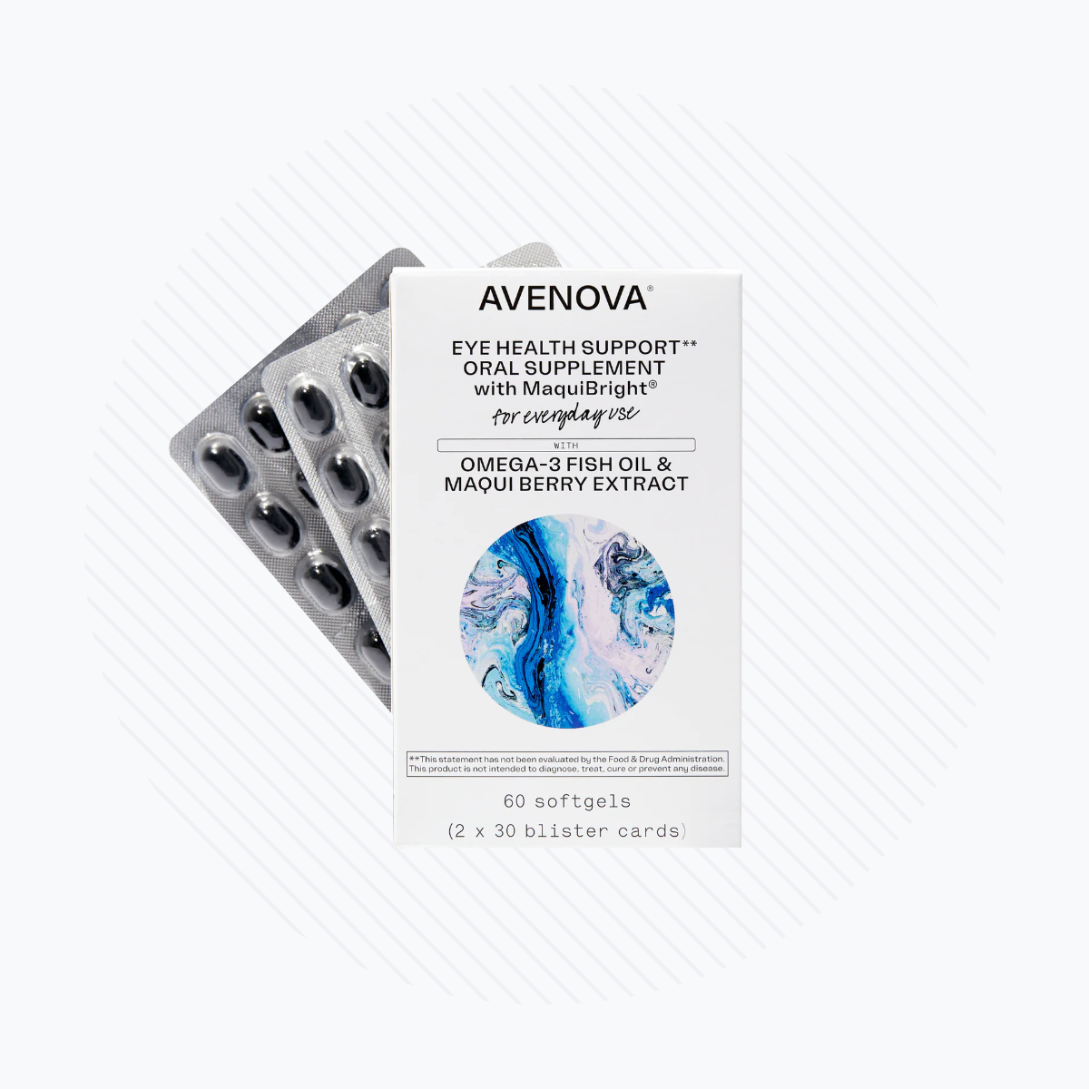 NovaBays Avenova Eye Health Support with MaquiBright & Omega-3 (60ct, 1 Month Supply) features 60 softgels in two blister cards. The white packaging, accented by a blue abstract design, emphasizes optimal eye wellness with Omega-3 fish oil and maqui berry extract.