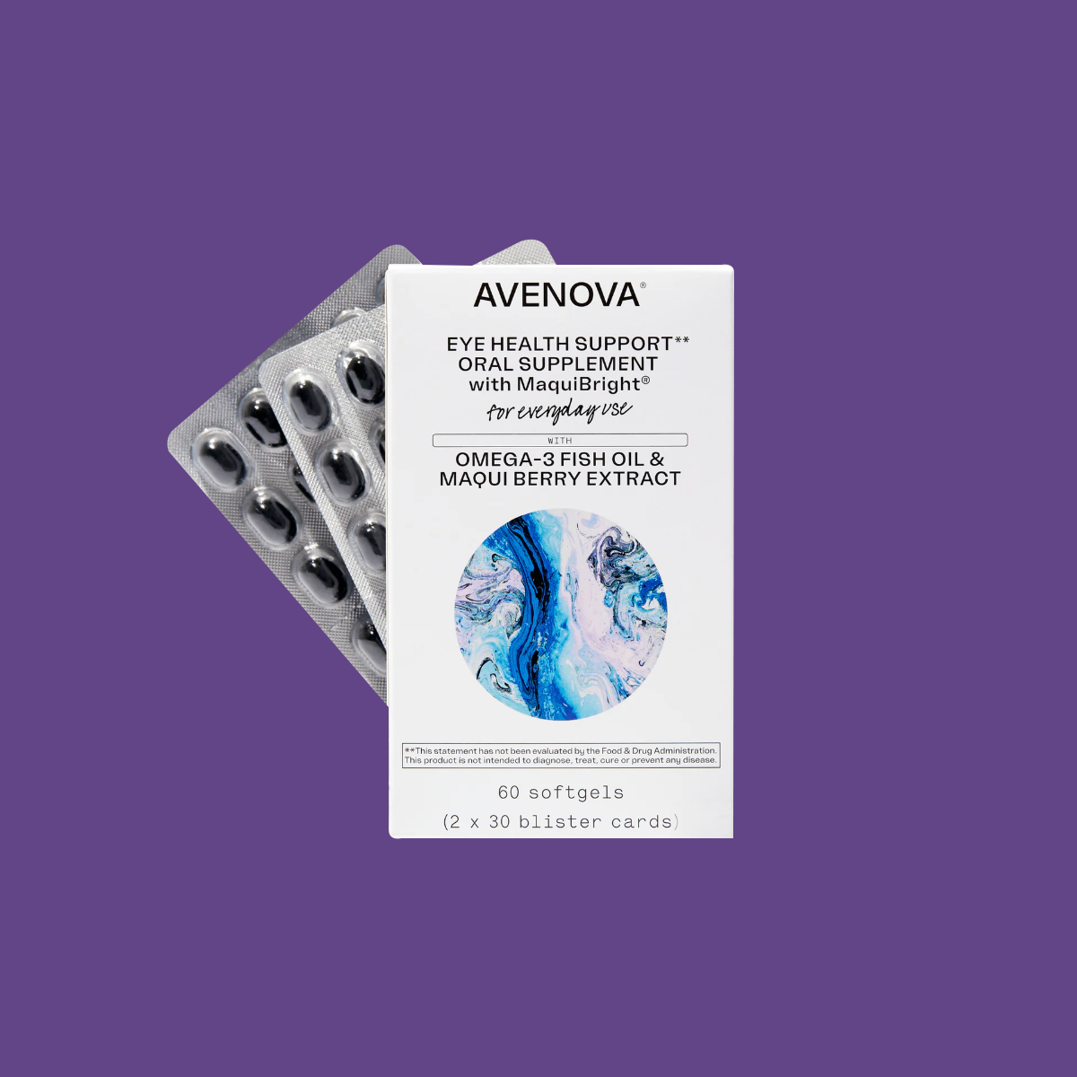 The NovaBay Avenova Eye Health Support with MaquiBright & Omega-3, a 60-count one-month supply, comes in blister packs of softgels on a purple background (2 x 30 blister cards).