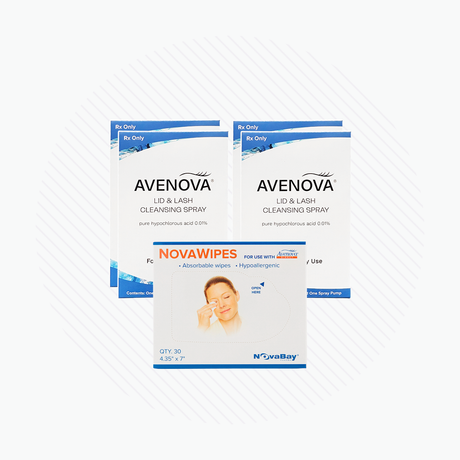 The Avenova Hypochlorous Spray Solution 2-Pack with NovaWipes (Professional Strength) by NovaBay is behind a box that shows an image of someone wiping their face.