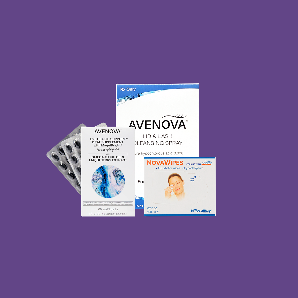 Avenova Bundle Hypochlorous Spray with NovaWipes and Omega-3 Vitamins (Professional Strength)