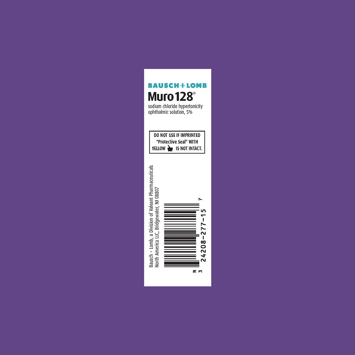Bausch + Lomb Muro 128 Eye Drops, a 5% sodium chloride hypertonicity solution for corneal edema relief, is labeled on a purple background with a barcode and seal warning.