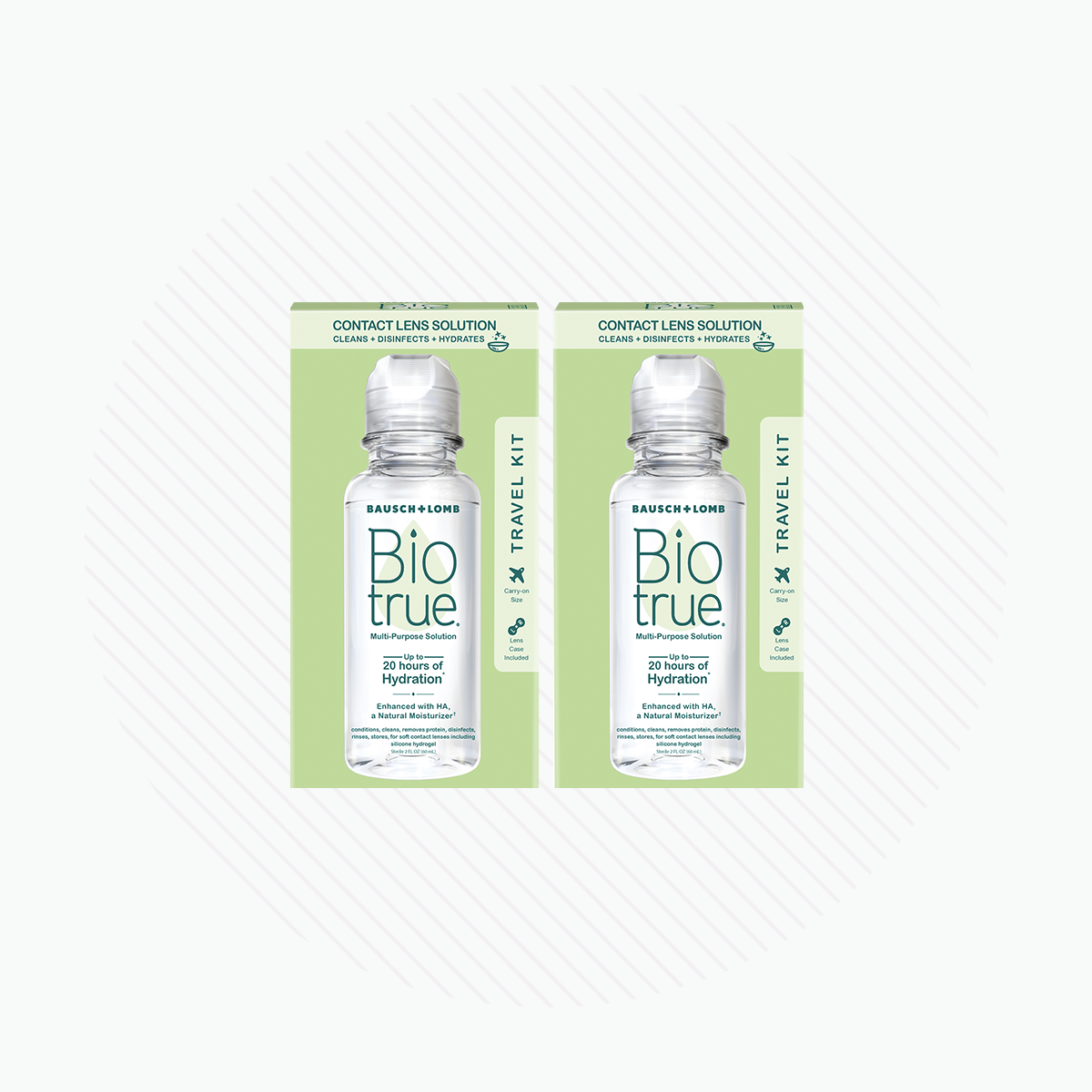 Two BioTrue Multipurpose Contact Lens Solution Travel Kits by Bausch + Lomb, each containing a 2 oz bottle, are set against a white background with subtle circular lines.