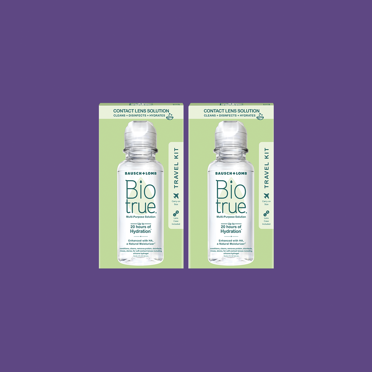 Two BioTrue Multipurpose Contact Lens Solution Travel Kits (2x 2oz/60mL) from Bausch + Lomb rest on a purple background, each featuring a BioTrue bottle that highlights the solutions hydration and clarity benefits for lenses.