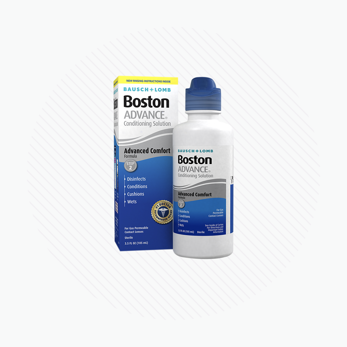 The Boston Advance Conditioning Solution, 3.5oz by Bausch & Lomb, features a multi-polymer cushioning system. The bottle has a blue cap and white label for comfort with gas permeable lenses, and the box mirrors this blue and white design.