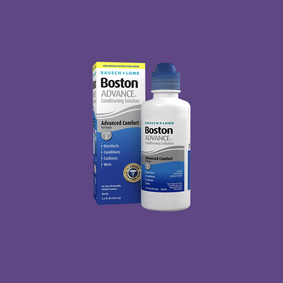 A 3.5oz bottle of Bausch & Lombs Boston Advance Conditioning Solution is displayed in front of its box, highlighting its disinfecting and conditioning benefits with a multi-polymer cushioning system for gas permeable lenses against a purple backdrop.