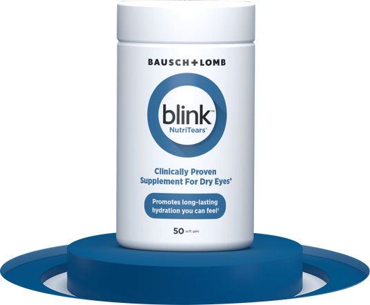 A container of Bausch + Lomb Blink NutriTears with 50 soft gels is displayed on a blue circular platform. The label highlights its purpose as a clinically proven supplement for dry eyes, promoting long-lasting hydration.