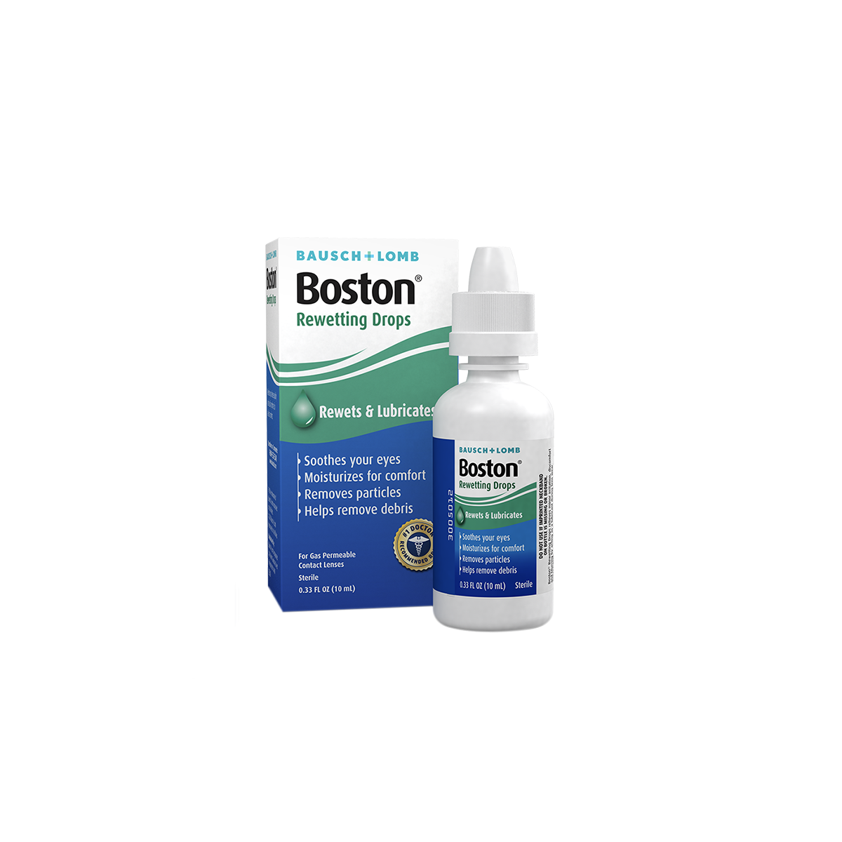 Bausch + Lombs sleek Boston Rewetting Eye Drops for Gas Permeable Contact Lenses, 0.33 Fl Oz, feature packaging that highlights their ability to soothe eyes, moisturize, remove particles, and enhance lens wettability with a white bottle and matching cap.