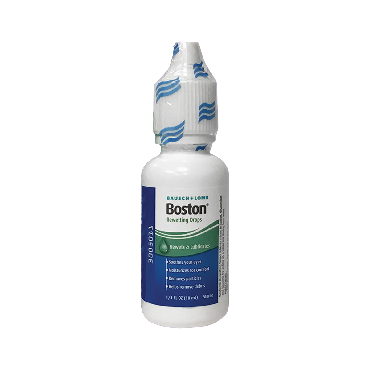 The Bausch + Lomb Boston Rewetting Eye Drops for Gas Permeable Contact Lenses is a 0.33 fl oz white plastic bottle with a blue and white label and dropper cap, designed to soothe, moisturize eyes, and enhance lens wettability.