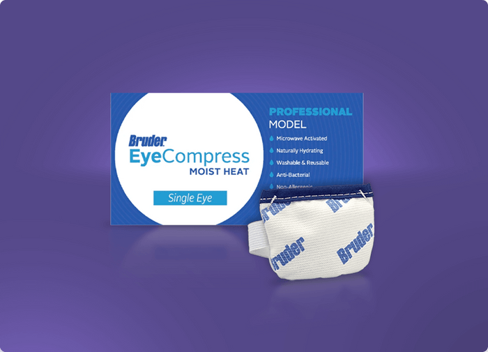 A Bruder Eye Compress package and product are displayed. The packaging highlights features: microwave activated, naturally hydrating, washable, reusable, anti-bacterial, and non-allergenic. The compress is white with blue branding.