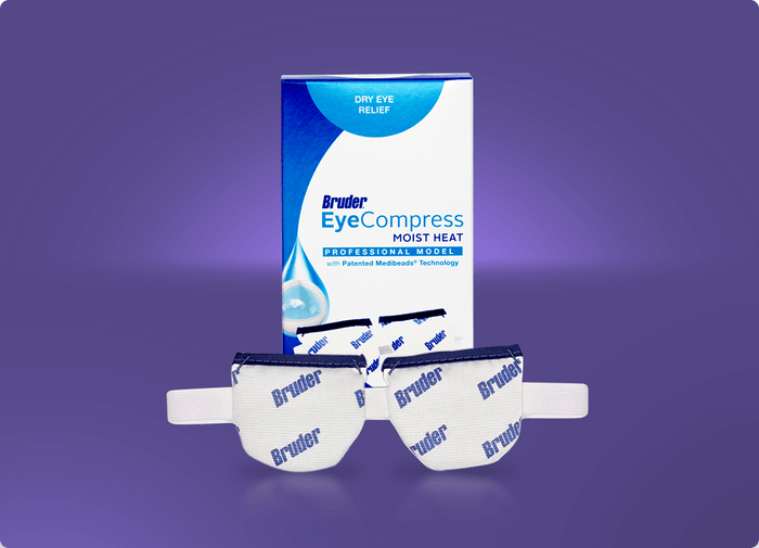 Box of Bruder Eye Compress for dry eye relief on a purple background, with a pair of eye compress pads in front, featuring white fabric printed with Bruder in blue.