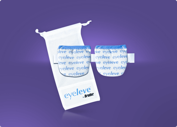 Image of two blue and white eye masks with eyeleve text, next to a white pouch labeled eyeleve by Bruder, set against a gradient purple background.