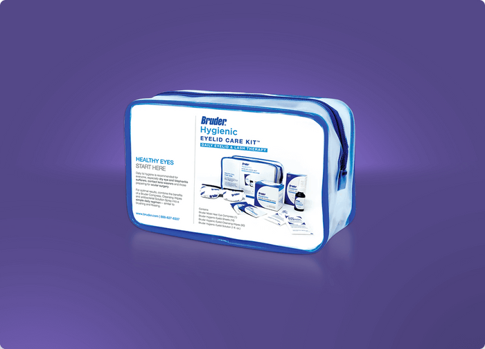 An eyelid care kit with various items inside a transparent zippered case on a purple background. The text on the packaging reads Bruder Hygienic Eyelid Care Kit. Items appear related to eyelid health.