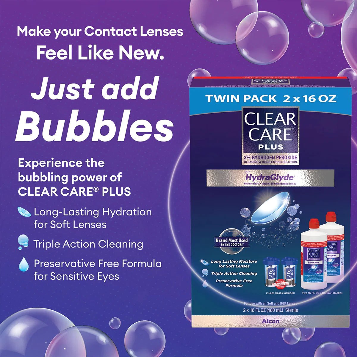 Clear Care Triple Action Cleaning and Disinfecting Solution with Case, Twin Pack, Multi, 12 Oz, Pack of 2 - Dryeye Rescue