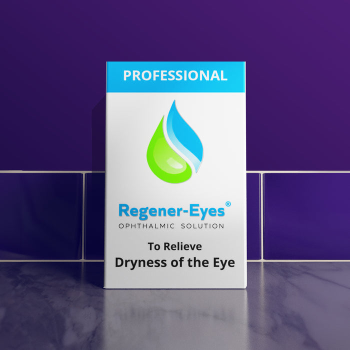 A box of Regener-Eyes ophthalmic solution is placed on a reflective surface against a purple tiled background. The box is labeled Professional and states it is for relieving dry eyes.