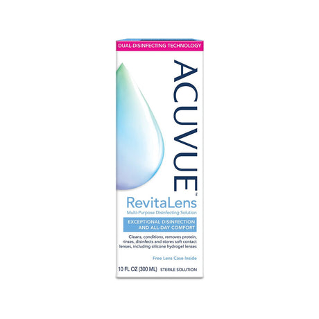 The ACUVUE RevitaLens Multi-Purpose Disinfecting Solution by Johnson and Johnson features a flip top cap, advanced dual-disinfecting technology, offers exceptional comfort for lenses, and includes a 10oz sterile solution plus a free lens case.