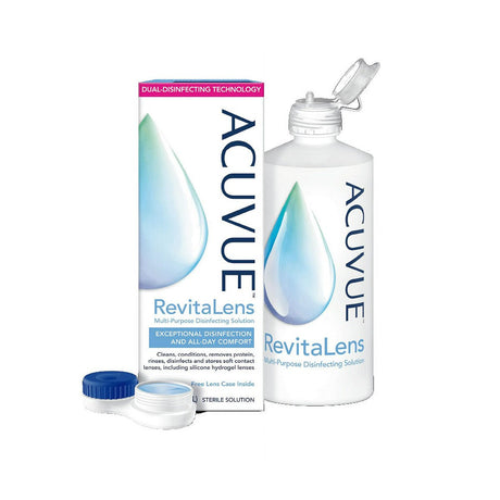 The ACUVUE RevitaLens Multi-Purpose Disinfecting Solution by Johnson and Johnson comes in a 10oz bottle with a flip-top cap, featuring dual-disinfecting technology. The package includes a lens case and displays a blue water drop graphic on the box.