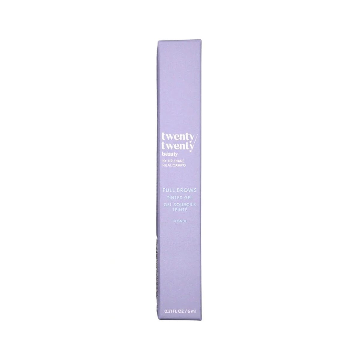 Purple rectangular box for Twenty Twenty by Dr. Diane Hilal-Campo reads Full Brows Tinted Gel, Blond, 0.2 fl oz / 6 ml. Enhance your natural beauty effortlessly with this vegan & cruelty-free brow gel designed for fuller eyebrows.