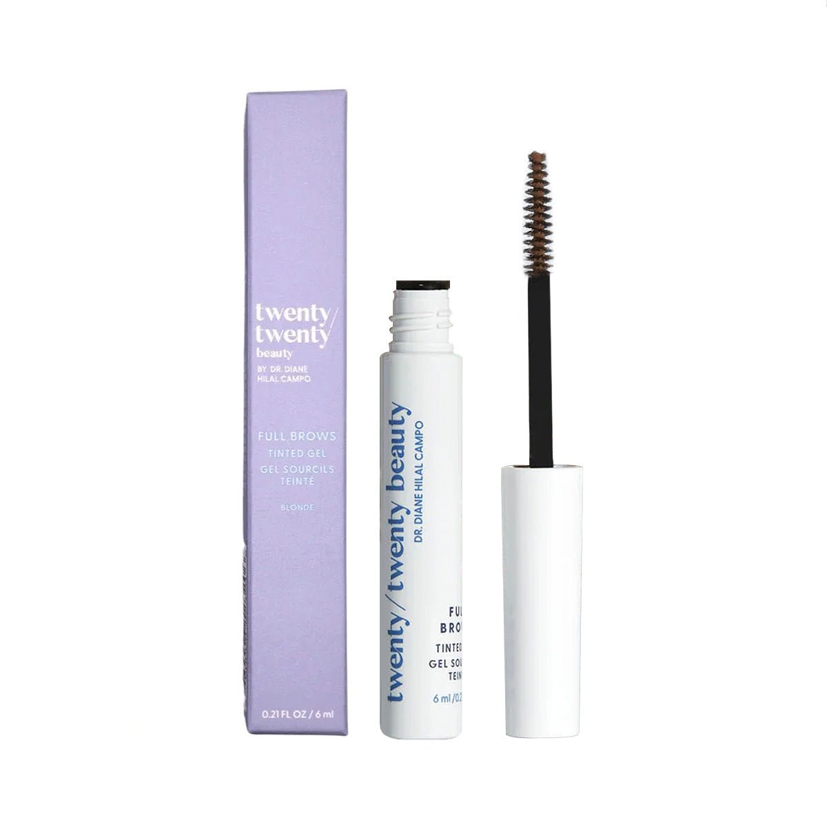 A white tube of Twenty Twenty Full Brows Tinted Gel for Fuller Eyebrows with an open brush is shown next to a purple box labeled tinted gel blonde, emphasizing its vegan and cruelty-free formula. The product is by the brand Twenty Twenty, created by Dr. Diane Hilal-Campo.