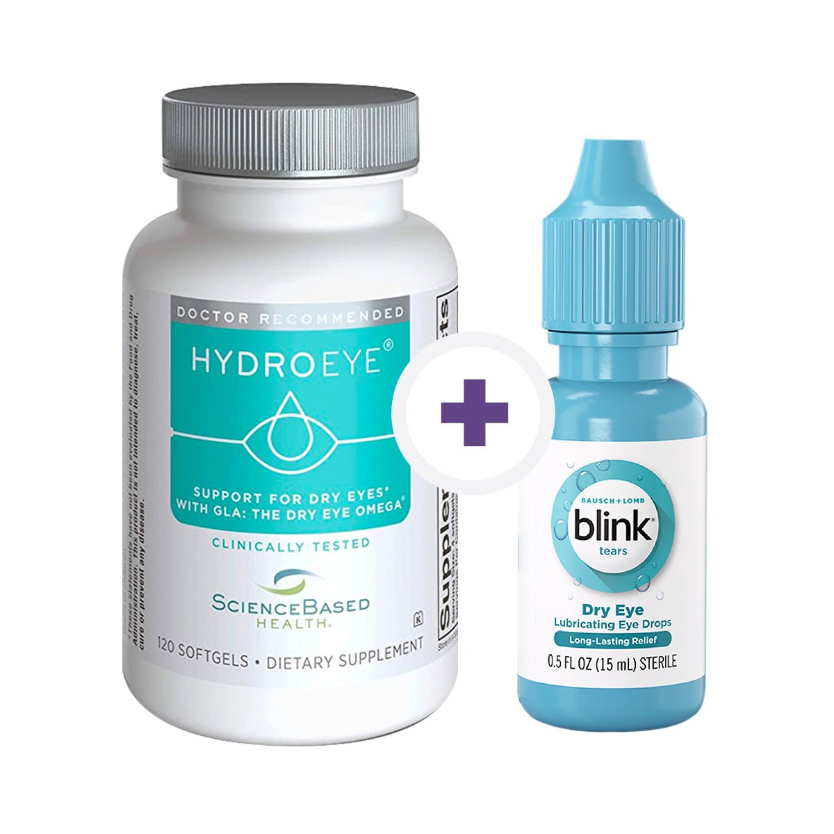 The HydroEye Softgels with Blink Tears Lubricant Tears Bundle by ScienceBased Health combines omega-rich softgels and lubricating eye drops in a complementary duo for optimal dry eye relief.