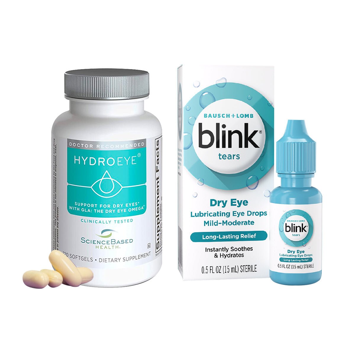 Image shows ScienceBased Healths HydroEye Softgels with Blink Tears Lubricant Tears Bundle. HydroEye comes in a white bottle with a gray cap, rich in omega fatty acids for dry eye support, while the Blink Tears box features a blue dropper bottle for mild to moderate dry eye relief.