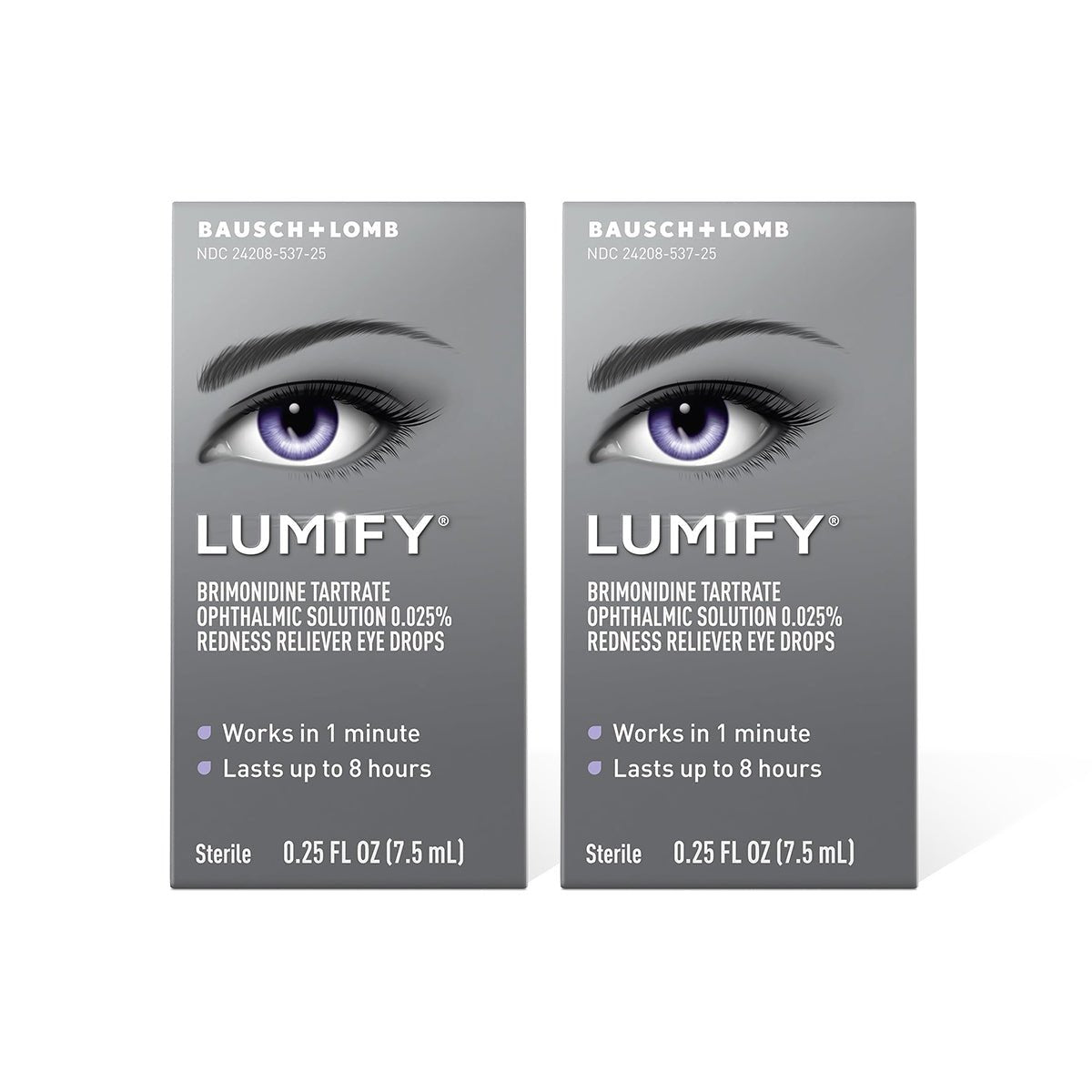 Explore the Bausch + Lomb Lumify Redness Reliever Twin Pack (7.5mL x 2). Each box displays an eye with a purple iris. Key features include: Works in 1 minute, Lasts up to 8 hours. Ideal for all-day soothing relief and clarity.