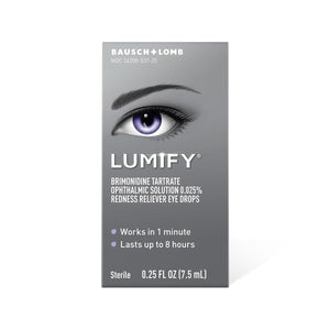 The packaging of Bausch + Lombs Lumify Eye Drops features a detailed eye with a purple iris on a grey box. Text highlights the redness relief in one minute lasting up to eight hours. Each package contains 0.25 fl oz (7.5 mL), part of the Lumify Eye Drops 2.5mL and 7.5mL supplies.
