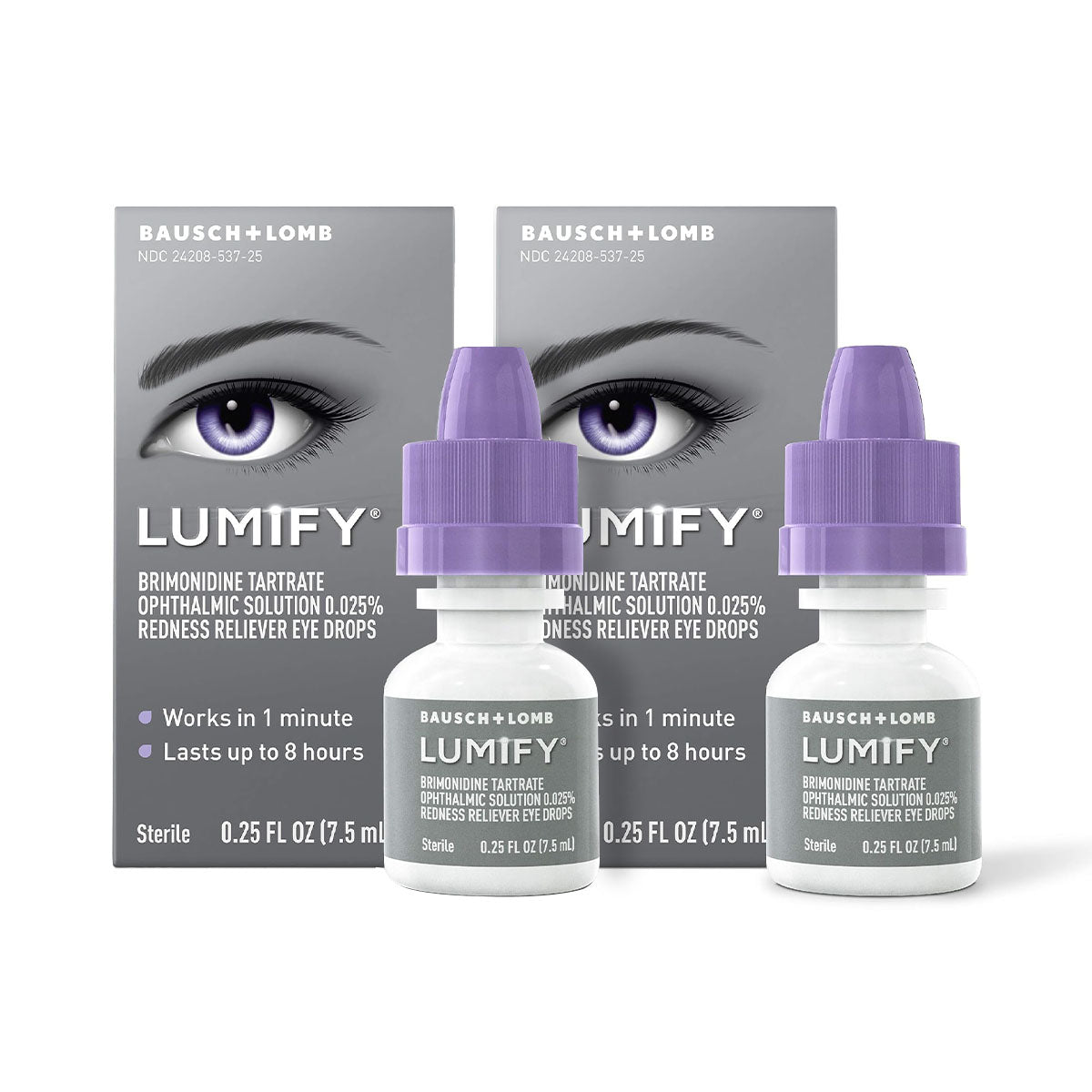 The Bausch + Lomb Lumify Redness Reliever Twin Pack (7.5mL x 2) displays two small white bottles in front of a box featuring an eye close-up with purple graphics, highlighting its effectiveness in reducing redness.