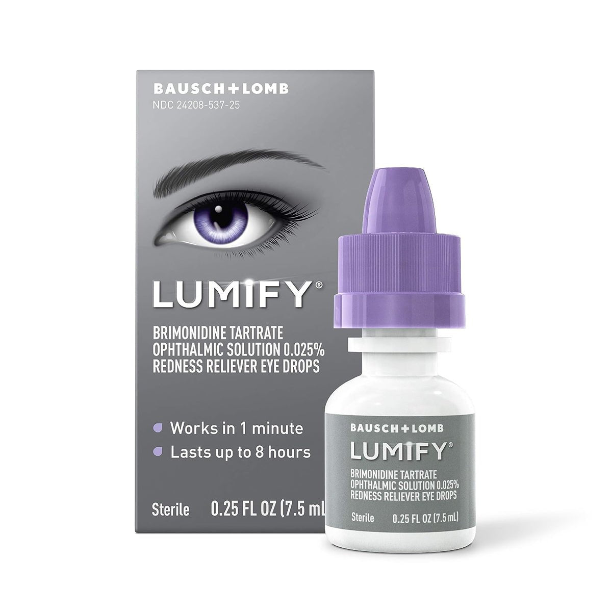 A box and bottle of Bausch + Lomb Lumify Eye Drops. The packaging displays an eye illustration with claims like “works in 1 minute” and “lasts up to 8 hours.” The 0.25 fl oz (7.5 mL) bottle features redness relief drops with a brimonidine formulation and a purple cap.