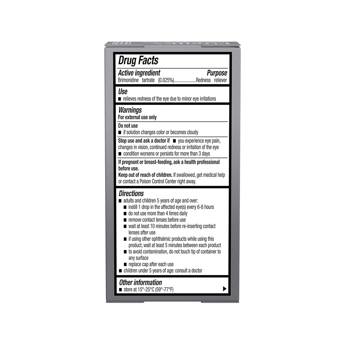 The image displays packaging details for Lumify Eye Drops by Bausch + Lomb, covering Drug Facts, Active Ingredient (brimonidine), Use, Warnings, Directions, and Other Information. It provides specific instructions and warnings on using the redness relief drops in 2.5mL and 7.5mL sizes for 1 or 3-month supplies.