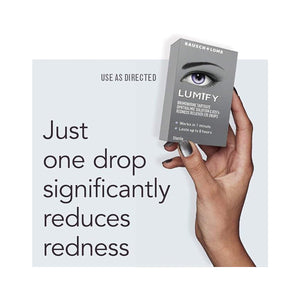 A hand holds a box of Lumify Eye Drops by Bausch + Lomb. Text reads: Just one drop reduces redness in 1 minute and lasts up to 8 hours. Top text advises: Use as directed. Available in 2.5mL and 7.5mL for 1 and 3 month supplies.