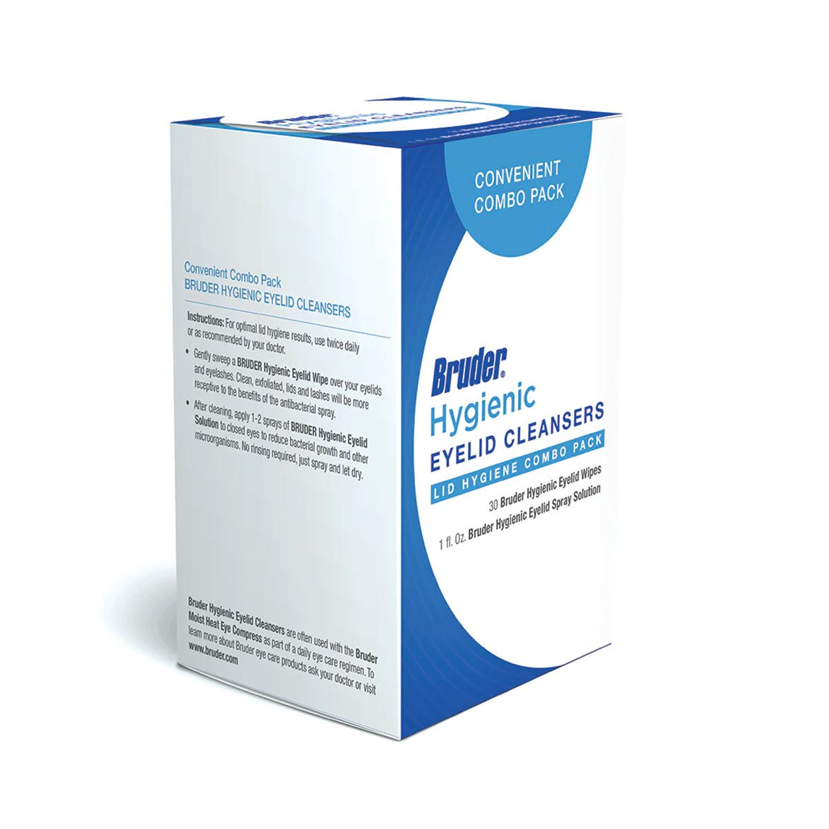 A blue and white box labeled Bruder Hygienic Eyelid Cleansers Combo Pack (Spray & Wipes) showcases daily eyelid hygiene wipes and a Hypochlorous Acid Solution, with prominent Bruder branding and text.